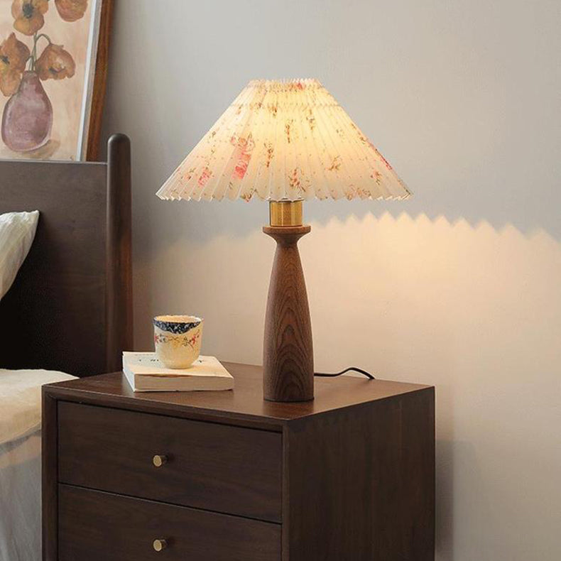 Conical Floral Wood Fabric Table Lamp
