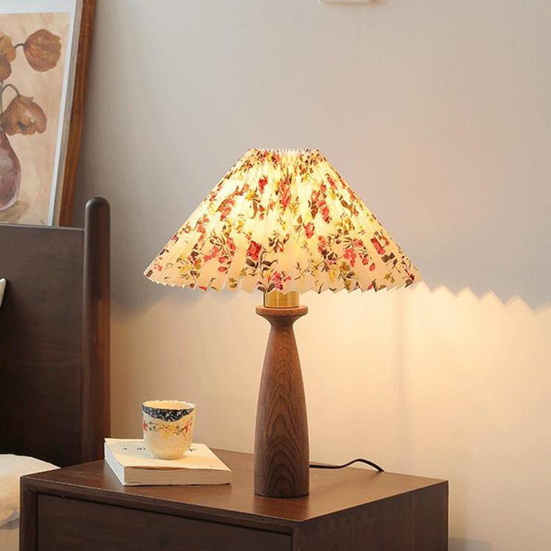 Conical Floral Wood Fabric Table Lamp