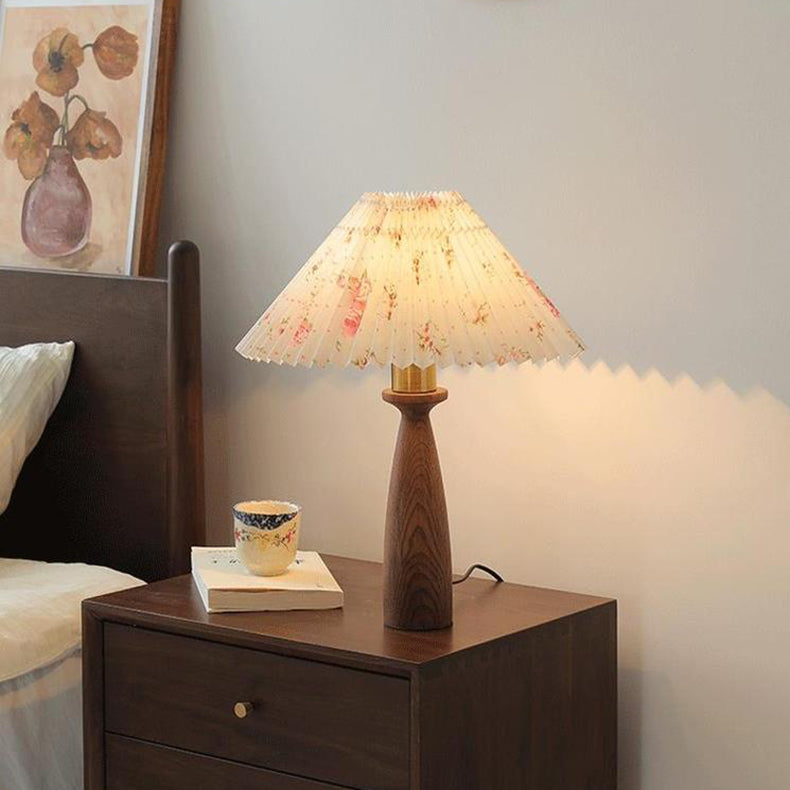 Conical Floral Wood Fabric Table Lamp