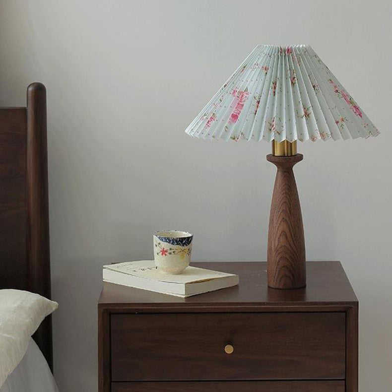 Conical Floral Wood Fabric Table Lamp