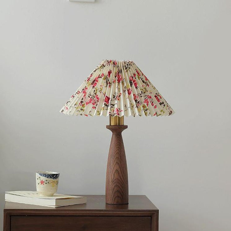 Conical Floral Wood Fabric Table Lamp