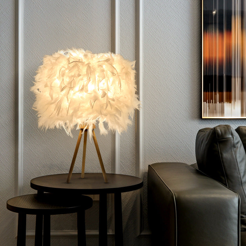Feather Wood Cylinder Triangle Table Lamp
