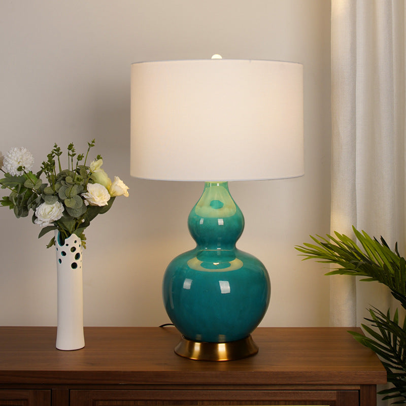 Fabric Green Gourd Ceramic Table Lamp