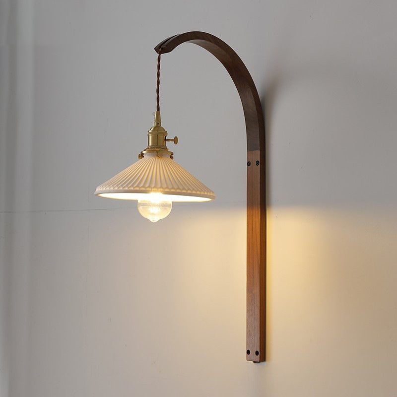 Round Ceramic Glass Wood Wall Lamp