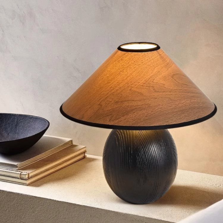 Fabric Ash Wood Conic Table Lamp