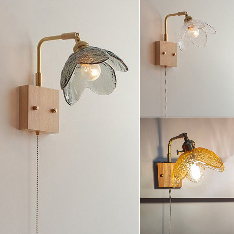 Wood Brass Glass Flower Wall Lamp