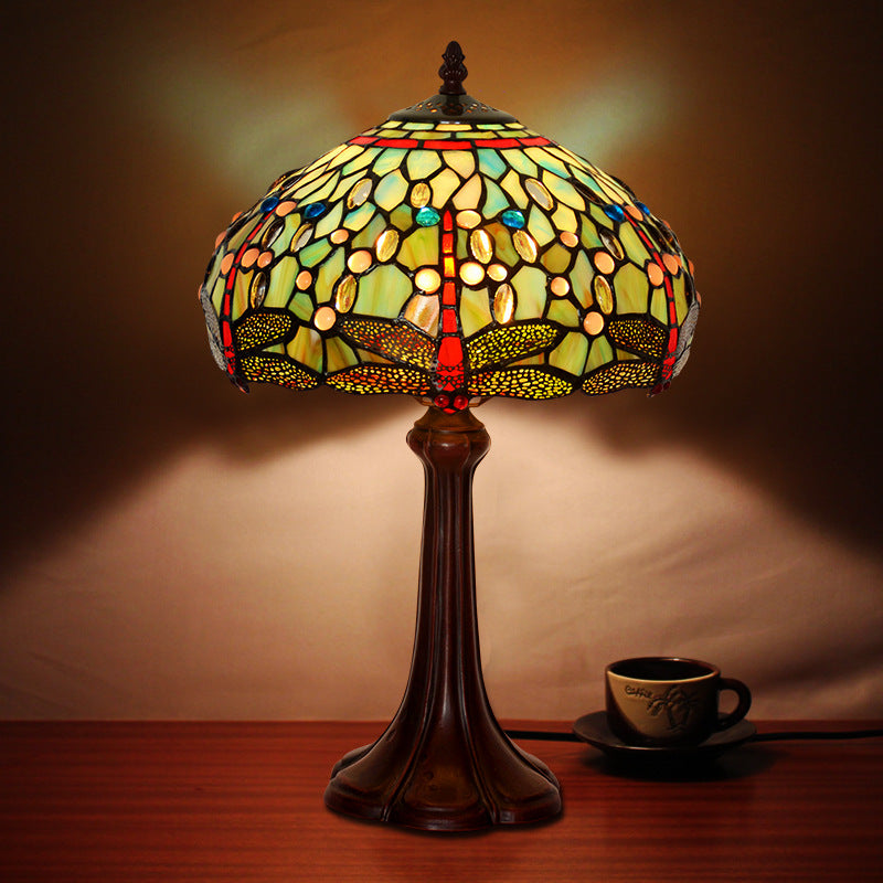 Stained Glass Drum-Shaped Dragonfly Table Lamp