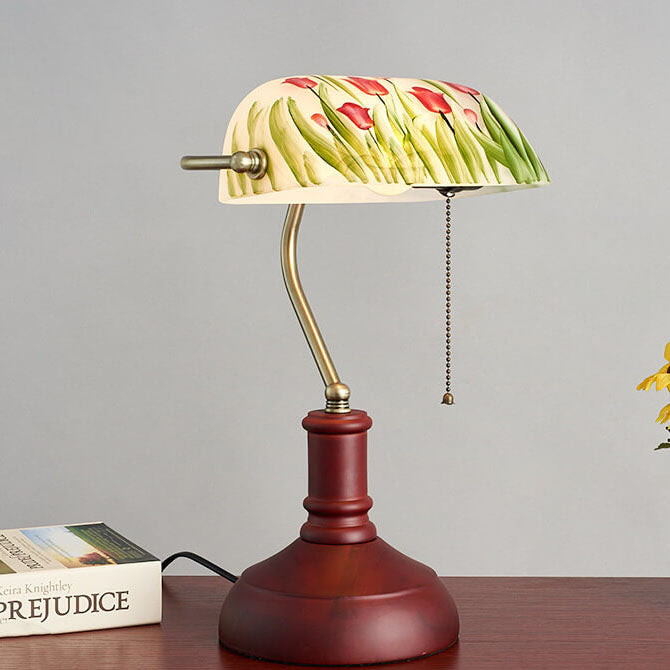 Floral Pattern Glass Wood Table Lamp
