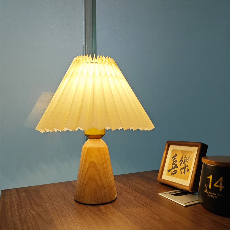 Trapezoidal Pleated Fabric Wood Table Lamp