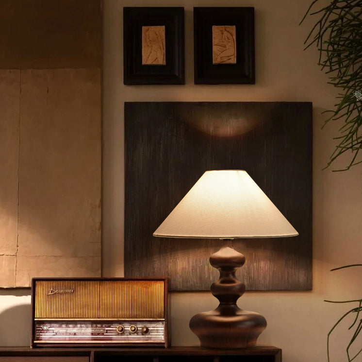 Ash Wood Linen Trapezoid Table Lamp