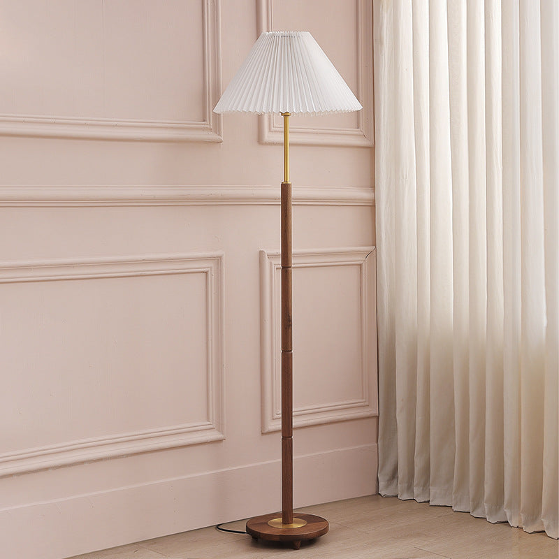 Pleated Fabric Brass Walnut Floor Lamp