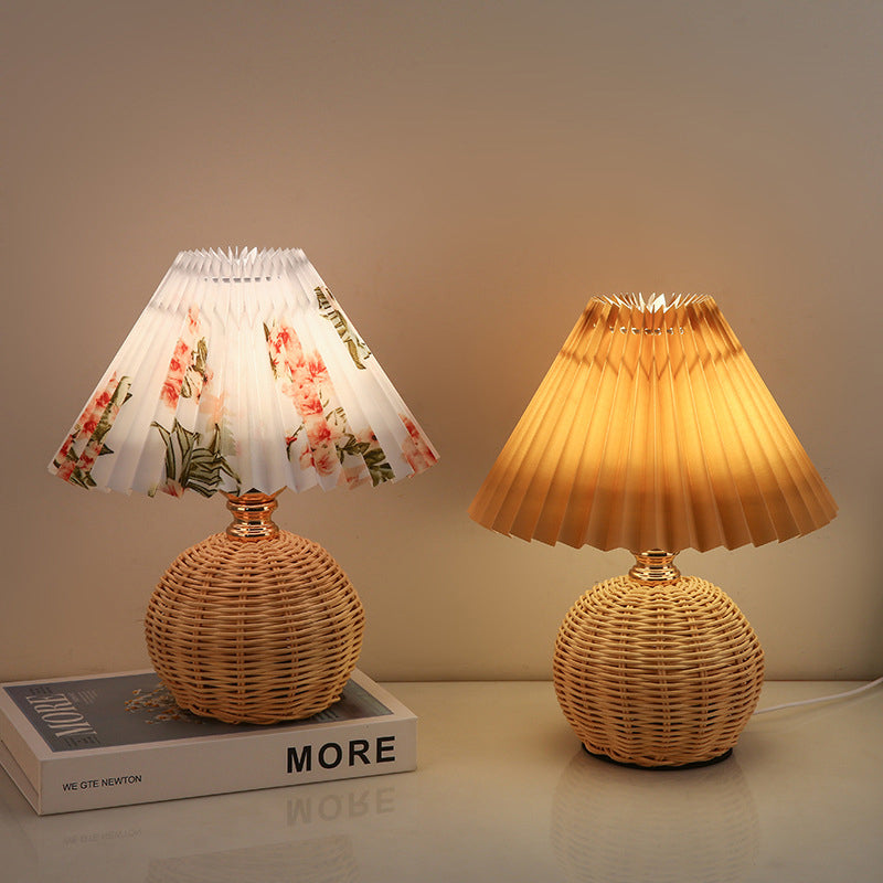Rattan Fabric Pleated Conic Table Lamp