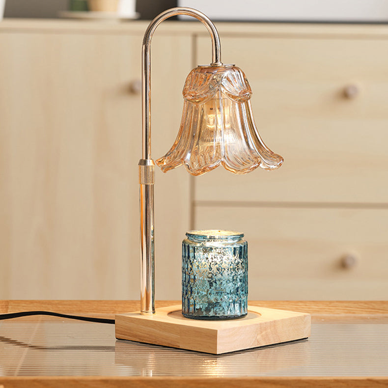 Floral Glass Metal Wood Table Lamp