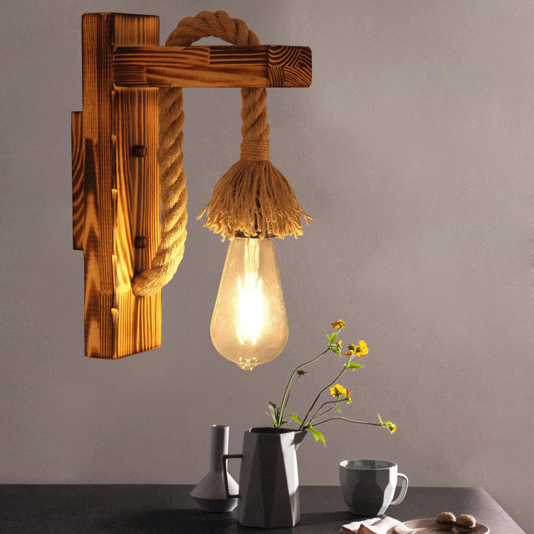 Wood Hemp Rope Iron Wall Lamp