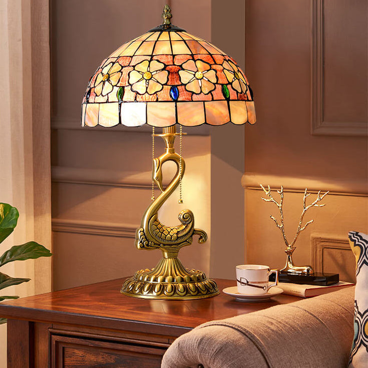 Floral Stained Glass Swan 2-Light Table Lamp