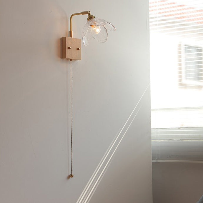 Wood Brass Glass Flower Wall Lamp