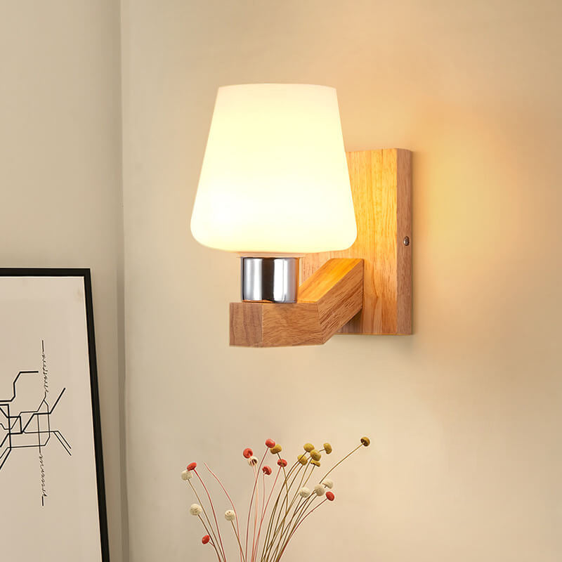 Rubberwood Glass Iron Geometric Wall Lamp