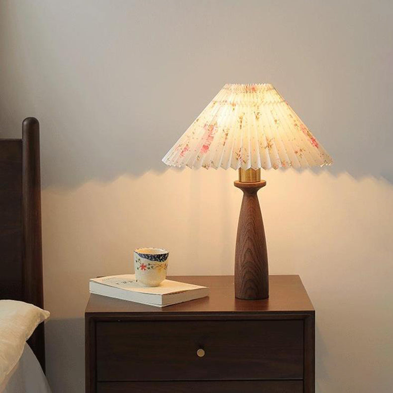 Conical Floral Wood Fabric Table Lamp
