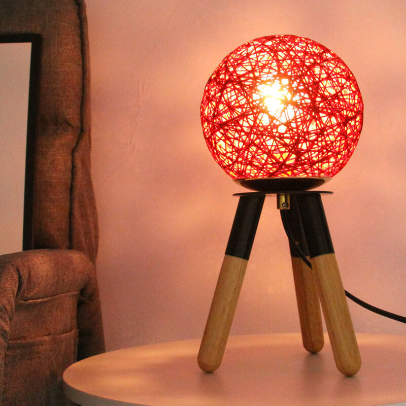 Faux Rattan Ball Wood Table Lamp