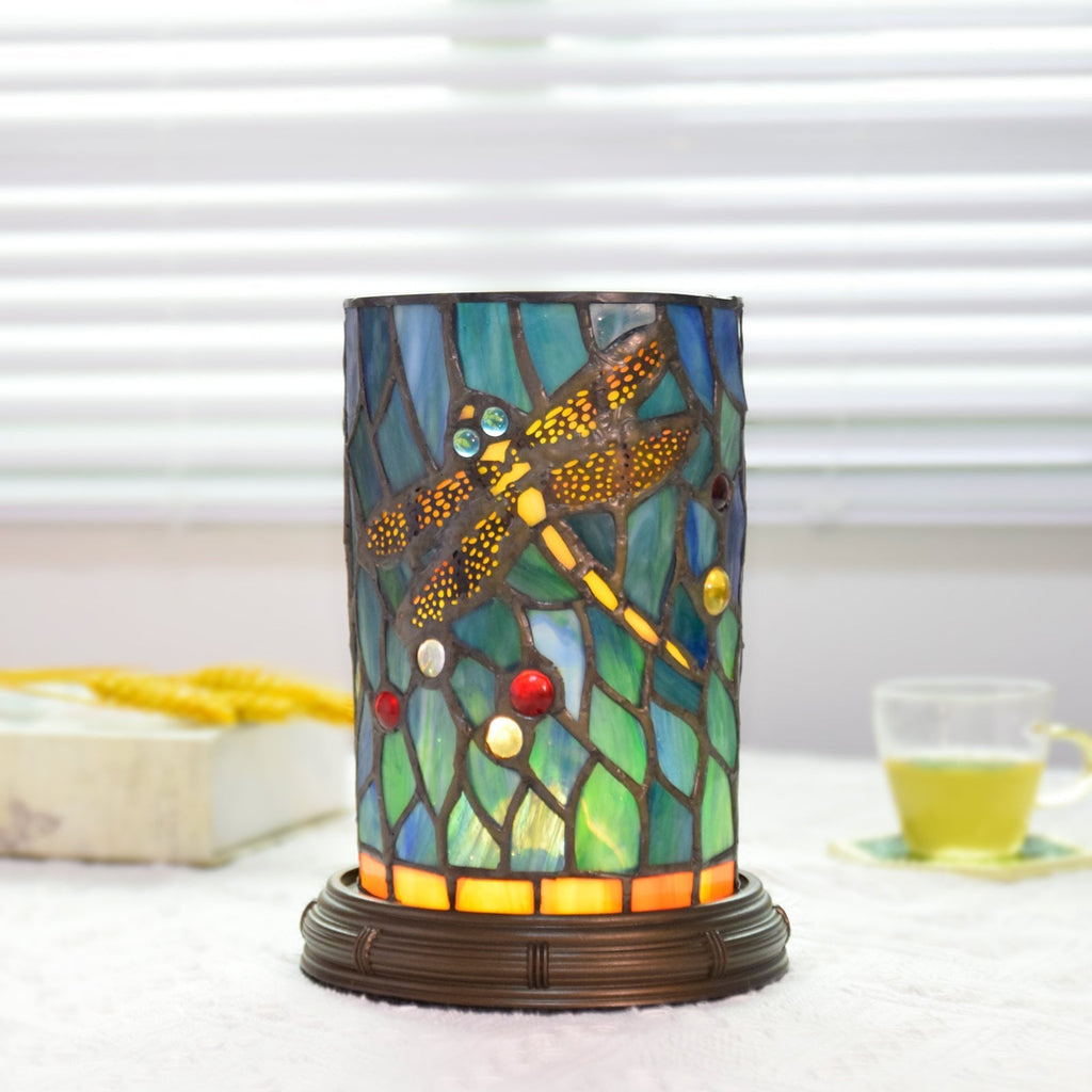 Stained Glass Dragonfly Cylinder Table Lamp