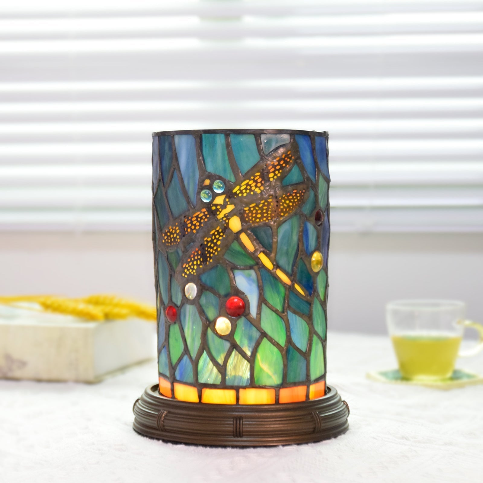 Stained Glass Dragonfly Cylinder Table Lamp