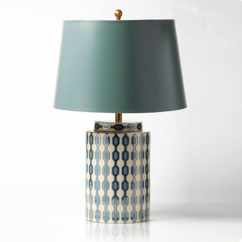 Blue Plaid Ceramic Cylinder Table Lamp