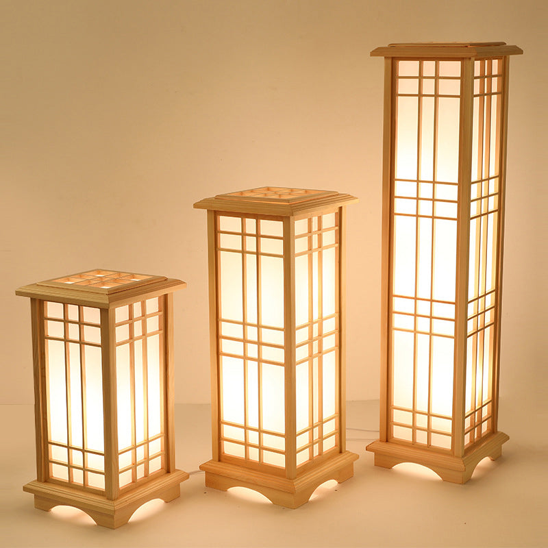 Traditional Japanese Wood Acrylic 3-Light Floor Lamp
