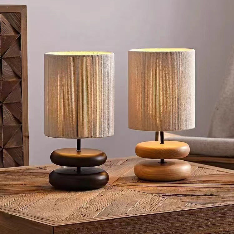 Fabric Cylinder Wooden Chess Table Lamp