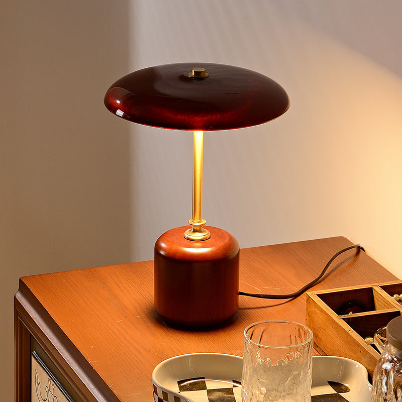 Brass Wood Glass Round Table Lamp