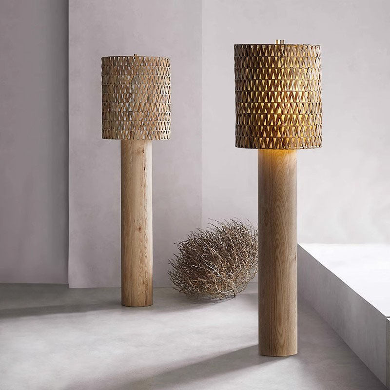 Wood Rattan Woven Long Floor Lamp