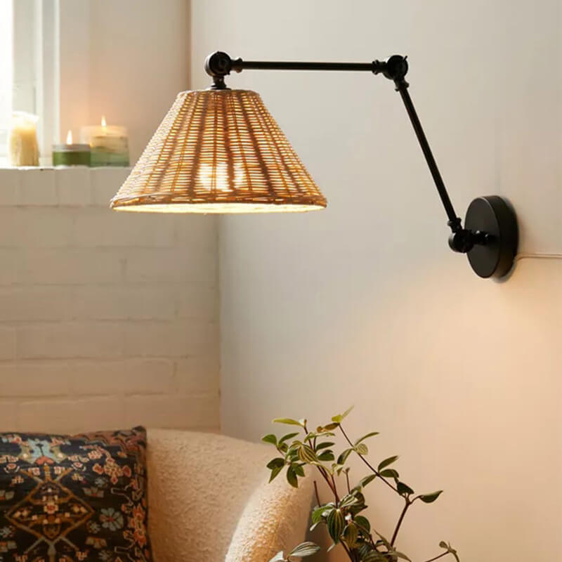 Rattan Cone Iron Swing Wall Lamp