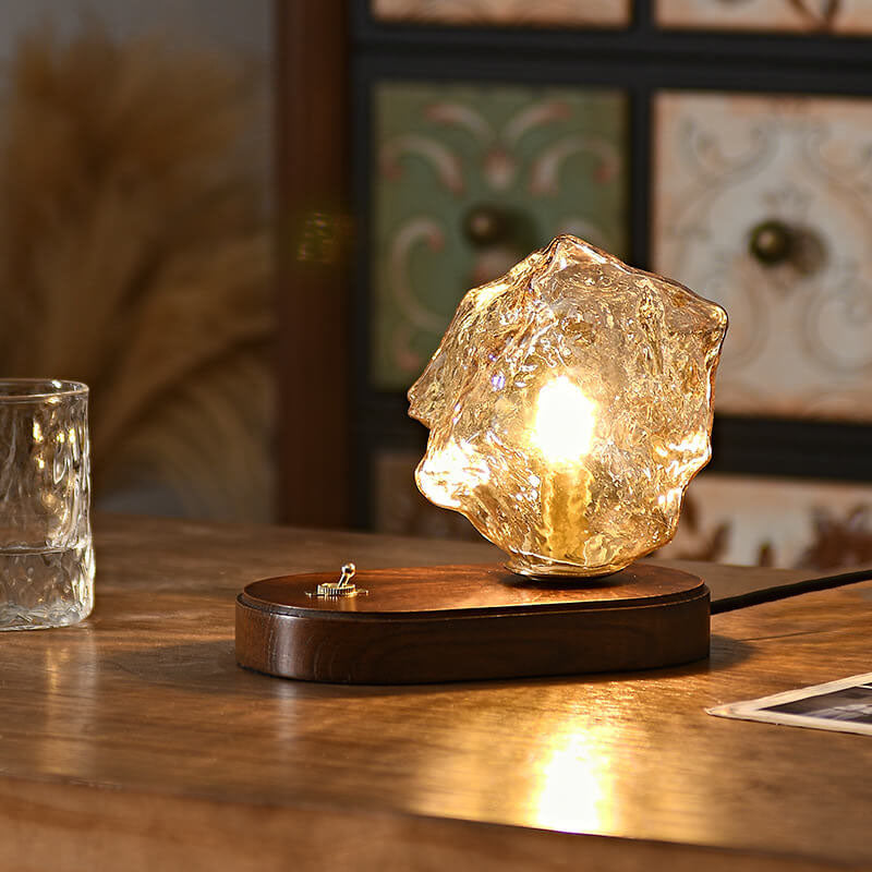 Walnut Irregularly Glass Lampshade Table Lamp
