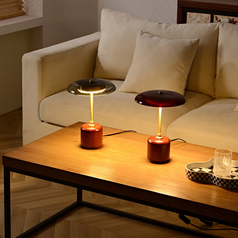 Brass Wood Glass Round Table Lamp