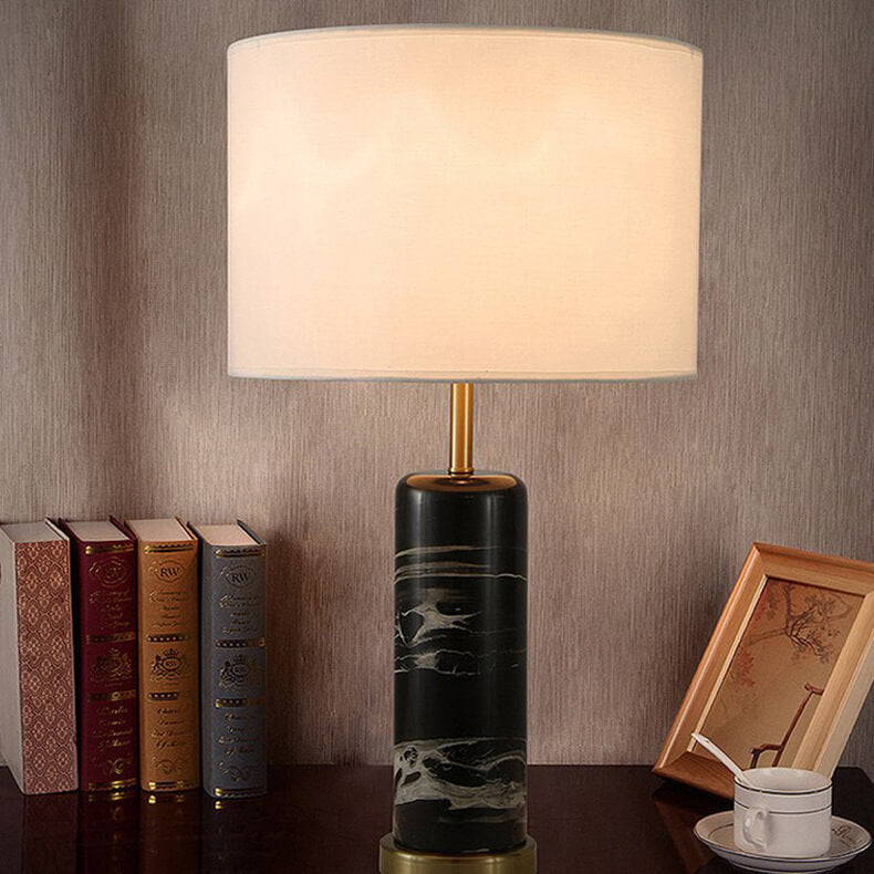 Fabric Lampshade Marble Cylindrical Table Lamp
