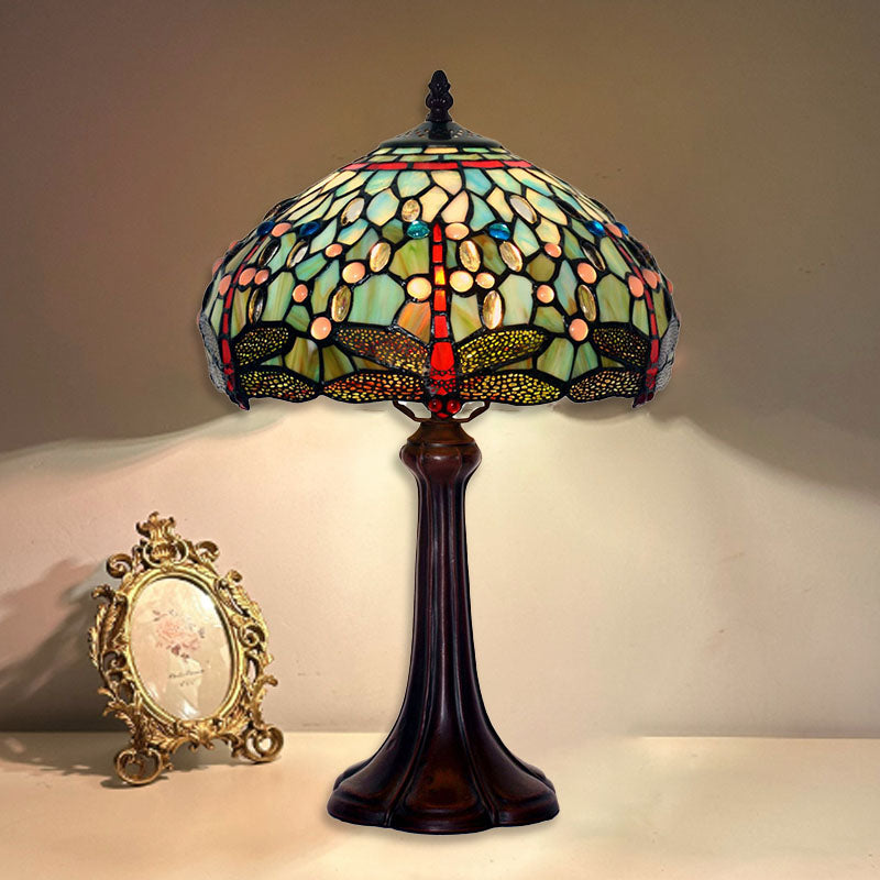 Stained Glass Drum-Shaped Dragonfly Table Lamp