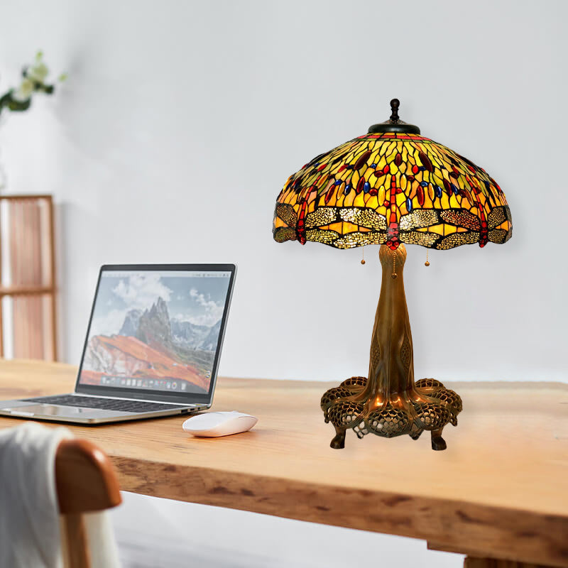 Dragonfly Stained Glass Dome 3-Light Table Lamp