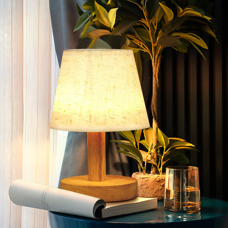 Round Wood Fabric Bedroom Table Lamp