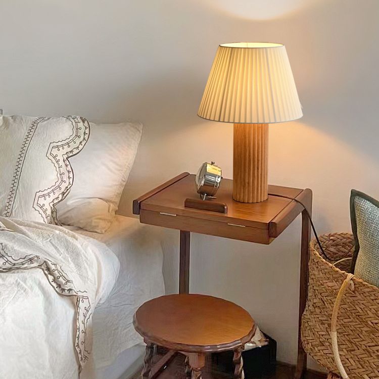 Cylinder Pleated Wood Fabric Table Lamp