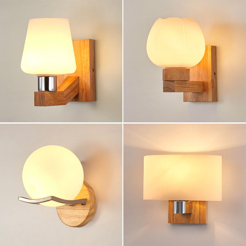 Rubberwood Glass Iron Geometric Wall Lamp