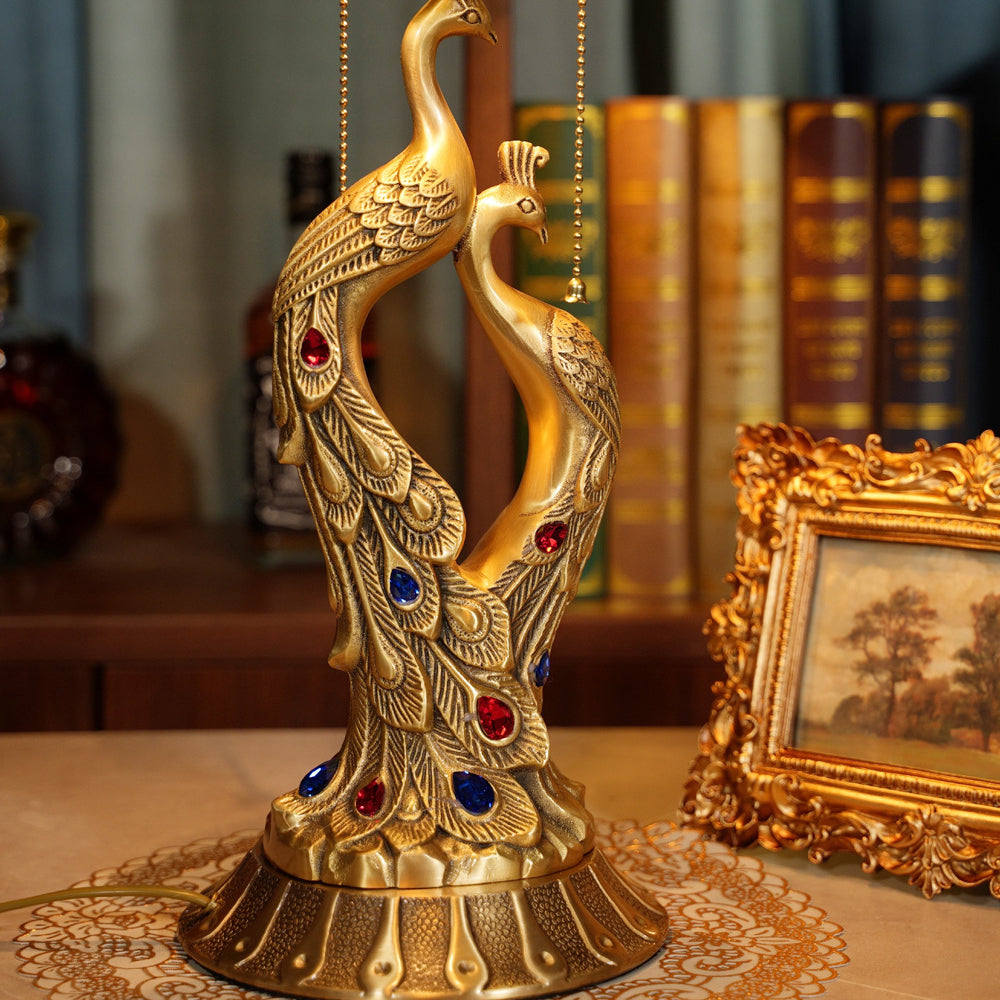Peacock Glass Copper Bedroom 2-Light Table Lamp