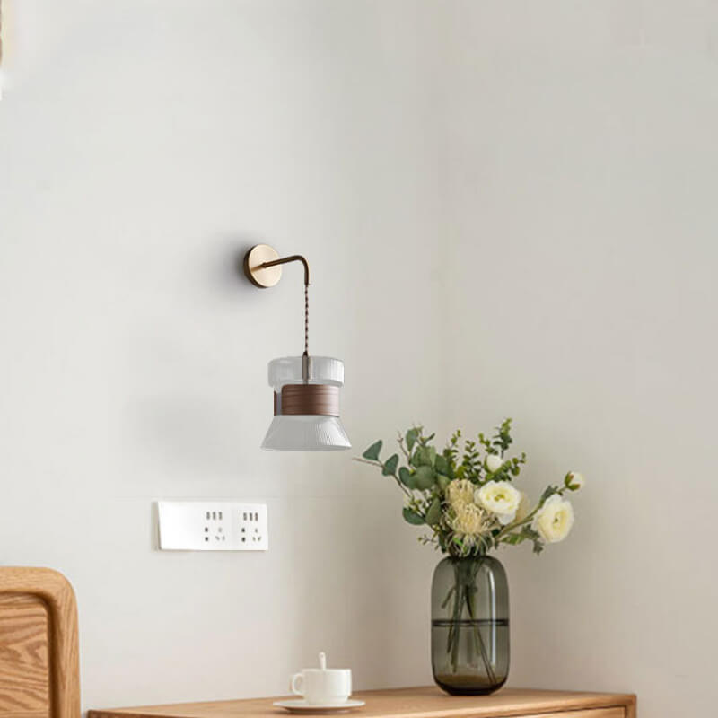 Walnut Scalloped Glass Lampshade Wall Lamp