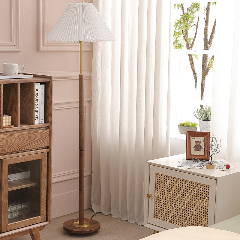 Pleated Fabric Brass Walnut Floor Lamp