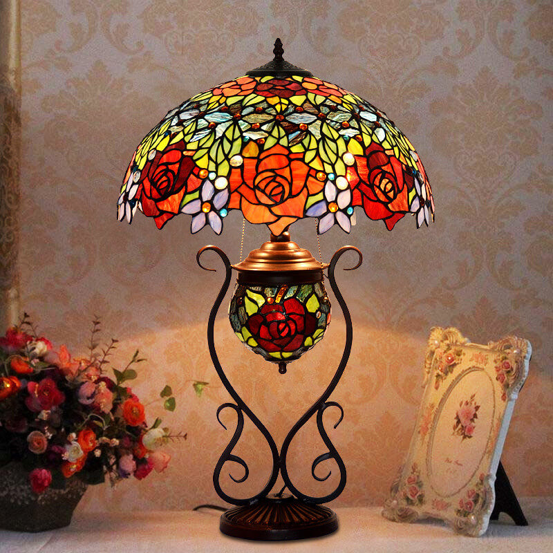 Style Rose Stained Glass 3-Light Table Lamp