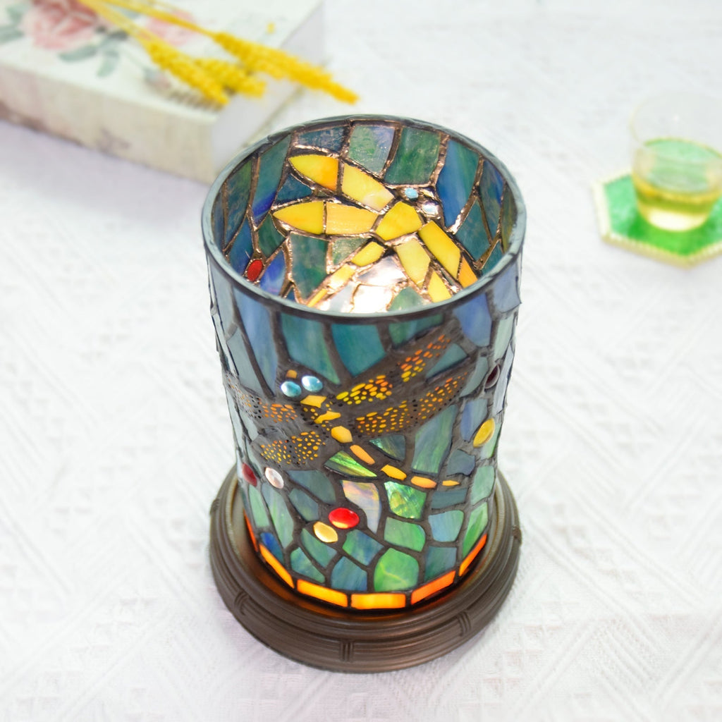 Stained Glass Dragonfly Cylinder Table Lamp