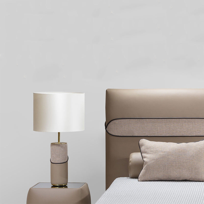 Fabric Leather Cylinder Bedroom Table Lamp
