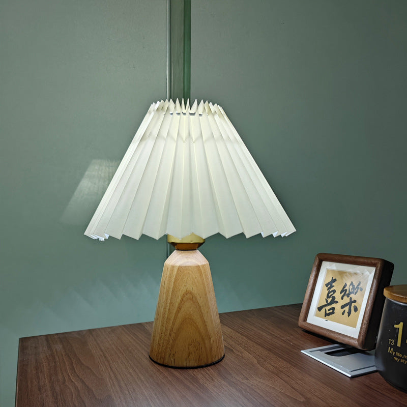 Trapezoidal Pleated Fabric Wood Table Lamp