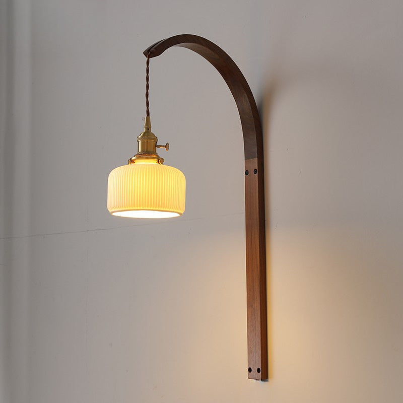 Round Ceramic Glass Wood Wall Lamp