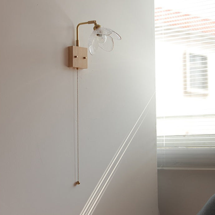 Wood Brass Glass Flower Wall Lamp