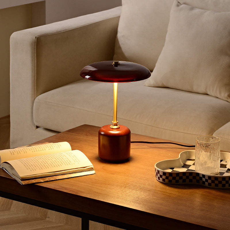 Brass Wood Glass Round Table Lamp