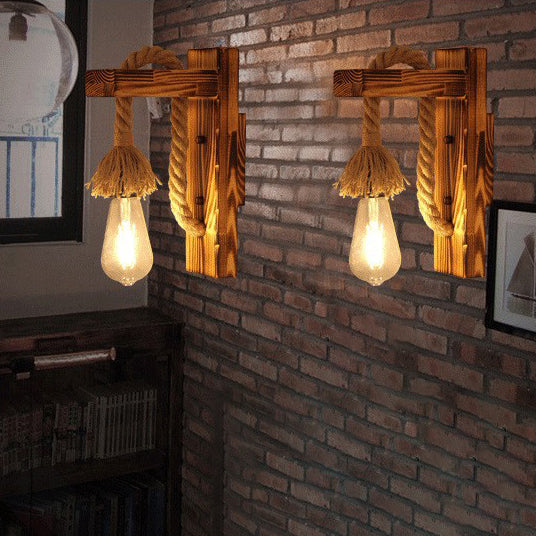 Wood Hemp Rope Iron Wall Lamp